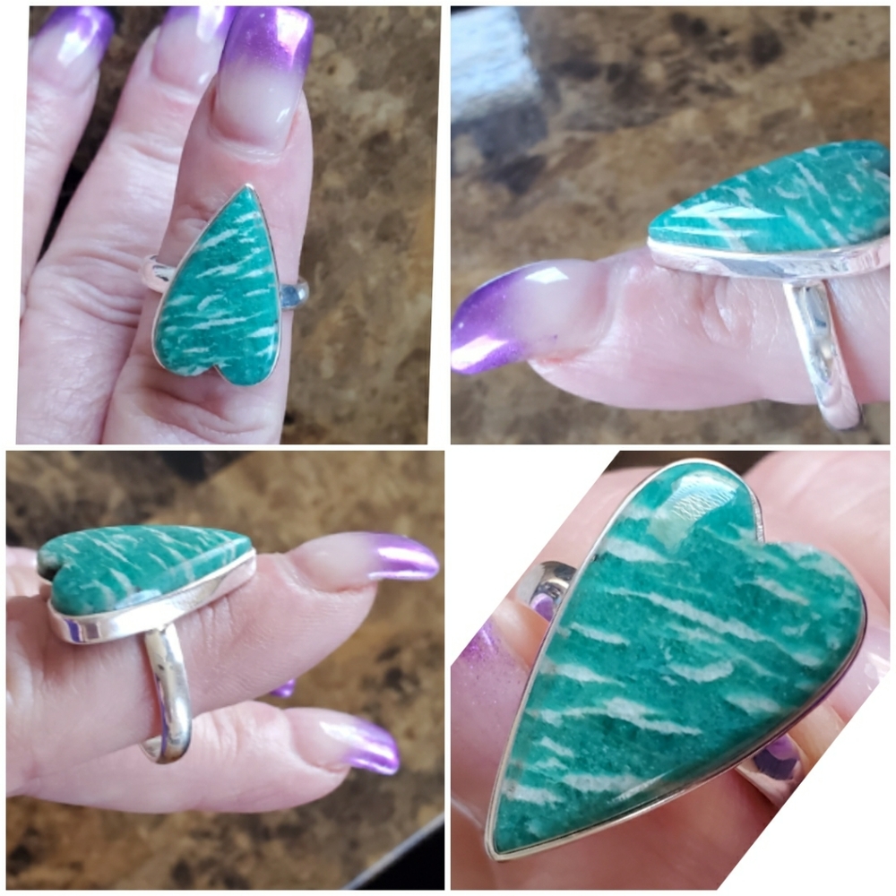 Genuine Teal Amazonite Heart Ring Size 10 - Picture 3 of 7